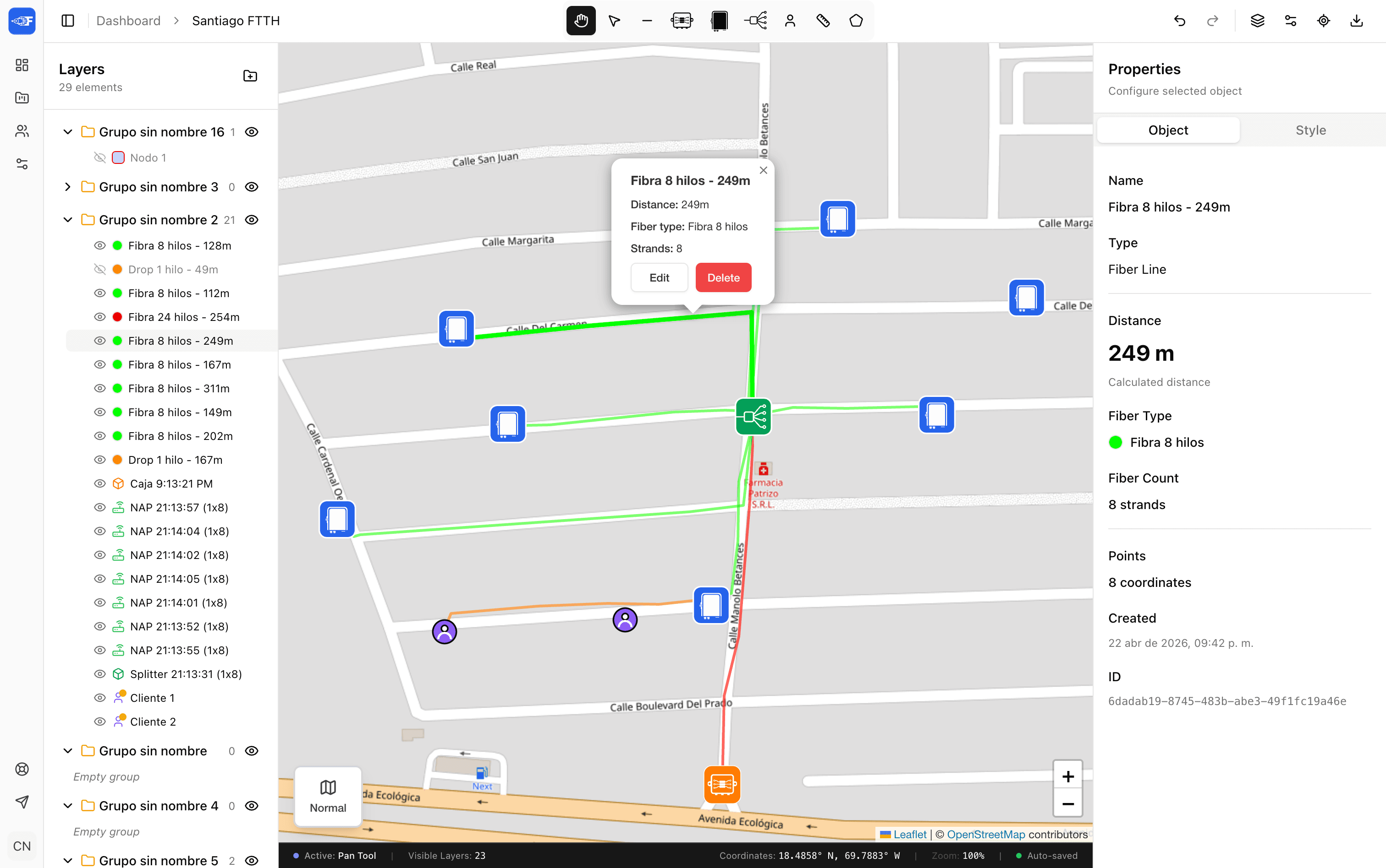 FiberPlanner map editor showing fiber routes and equipment on the canvas